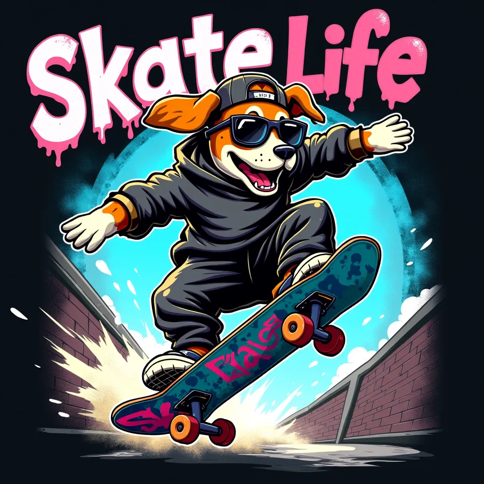 "A dynamic and energetic illustration of a cool cartoon beagle mid-air performing a kickflip on a skateboard. The beagle wears a backward cap, oversized sunglasses, and a loose hoodie, embodying an urban streetwear vibe. The skateboard features bold graffi...