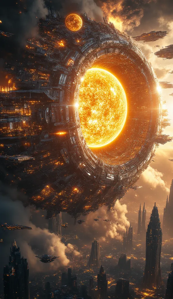 "A colossal Dyson Sphere engulfs the sun, its massive panels absorbing and redistributing limitless energy. From the sphere’s inner surface, an immense hanging megacity stretches downward, suspended in microgravity. The architecture is a seamless fusion of...