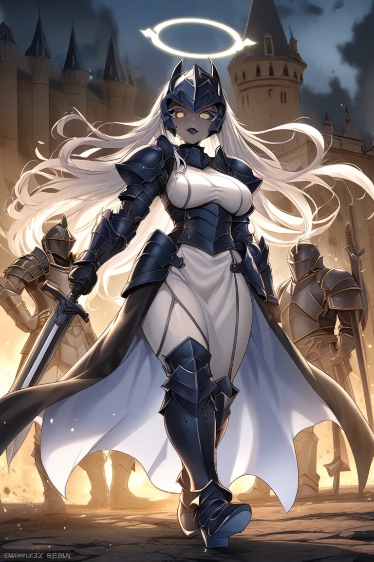 score_9, score_8_up, score_7_up, score_6_up, score_5_up, score_4_up, 1girl, breasts, thick thighs, armor, full armor, shoulder armor, helmet, gauntlets, knight, knight boots, faceless, cape, holding, swords, looking at viewer, castle background, SeraHHXL, ...