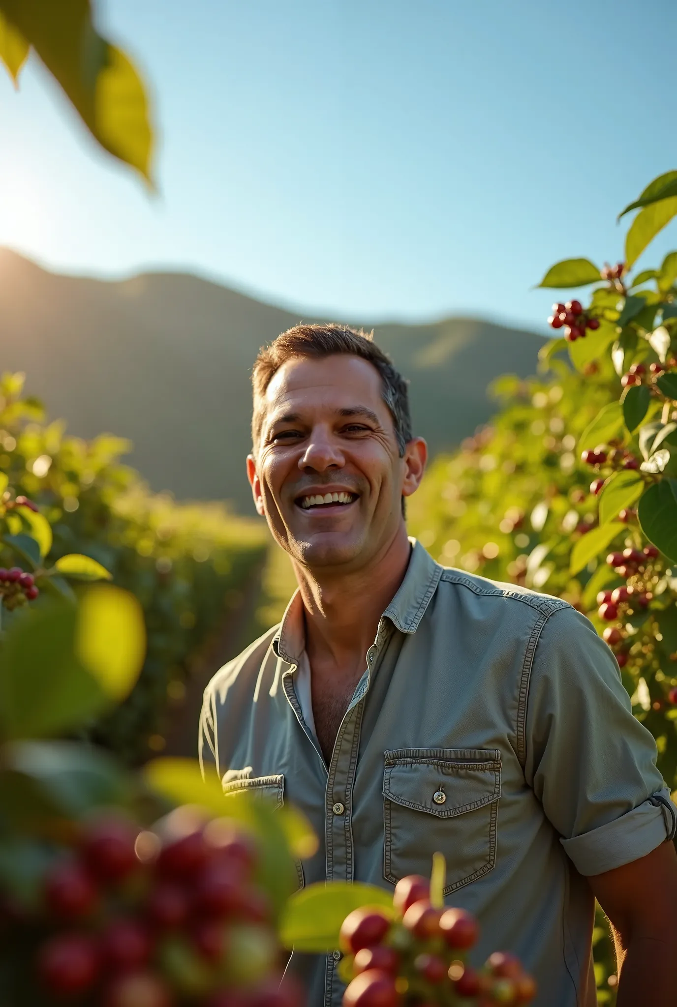 "Realistic portrait of an extremely happy man on a vast coffee plantation.  He's smiling broadly , with an expression of success, as if he had just won a lot of money. The sun illuminates the scenery, highlighting the ripe and shiny coffee beans. The man w...