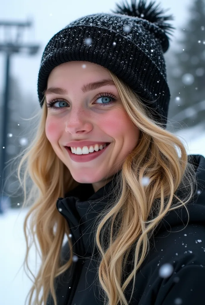 this is a beautiful winter portrait of a young woman with bright blue eyes and a warm smile. she is wearing a black beanie and a dark winter jacket, with snowflakes settling on her hair and clothing. the background features a snowy landscape with evergreen...