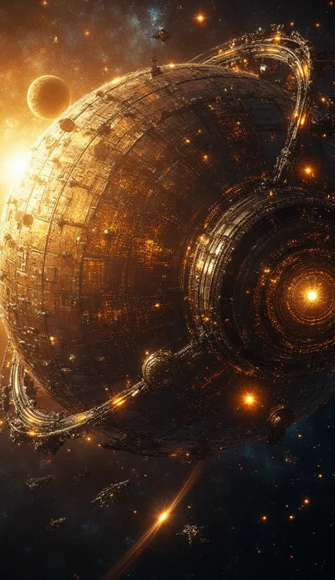 "A colossal Dyson Sphere engulfs the star, an awe-inspiring megastructure designed to harness its full energy output. The massive shell is composed of interconnected metallic panels, each embedded with glowing energy conduits that pulse with radiant power....