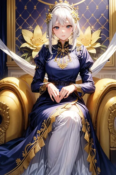  queen、 white hair、Navy Blue Dress、Gold decoration、 Flower Covered Background 