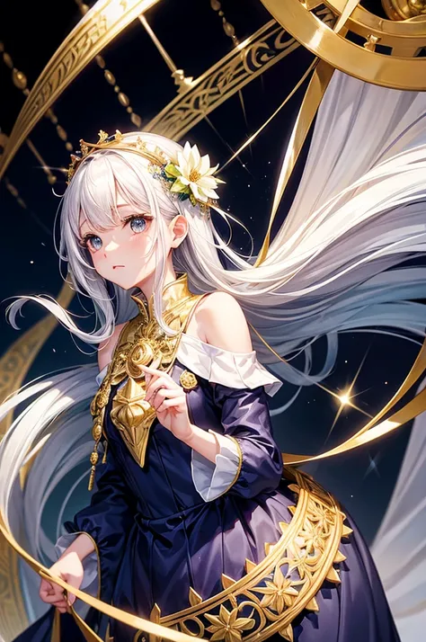  queen、 white hair、Navy Blue Dress、Gold decoration、 Flower Covered Background 