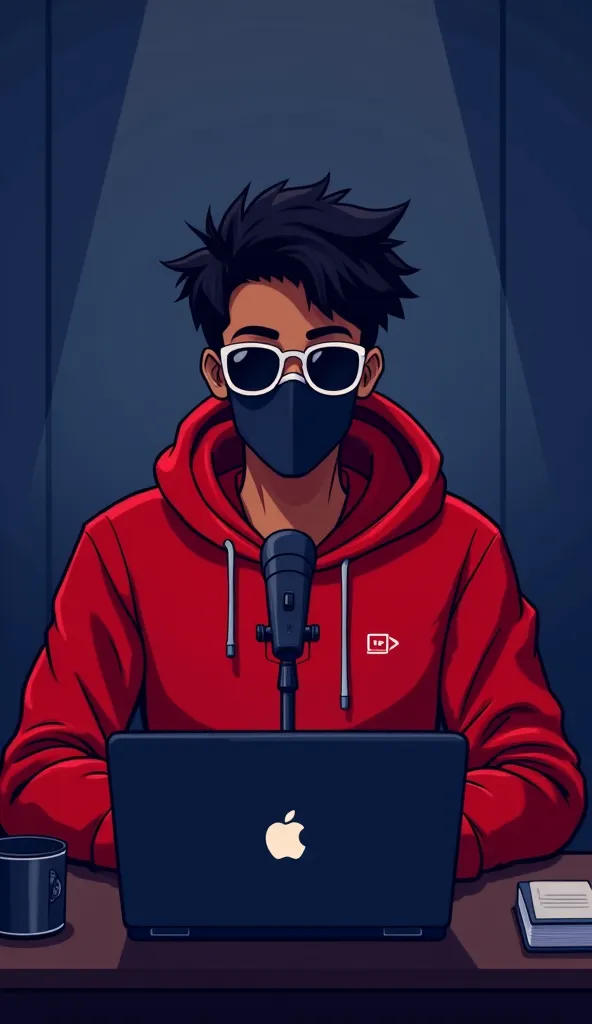 ANIME FRIENDLY LOOKING YOUNG MALE BUSINESS CHARACTER WITH DARKER SKIN, WEARING A RED HOODIE, SUNGLASSES, AND A MASK. HE IS SITTING IN A YOUTUBE RECORDING STUDIO AT NIGHT, WITH HIS LAPTOP PLACED ON HIS SIDE AND A MICROPHONE CENTERED ON THE DESK. THE ROOM IS...