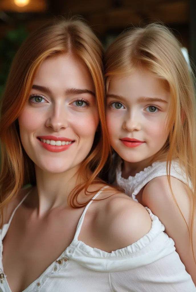 A beautiful mother of Scandinavian origin carrying her daughter of age 4. Both wearing red hot lipstick. Both staring at the camera. 8K resolution and quality.