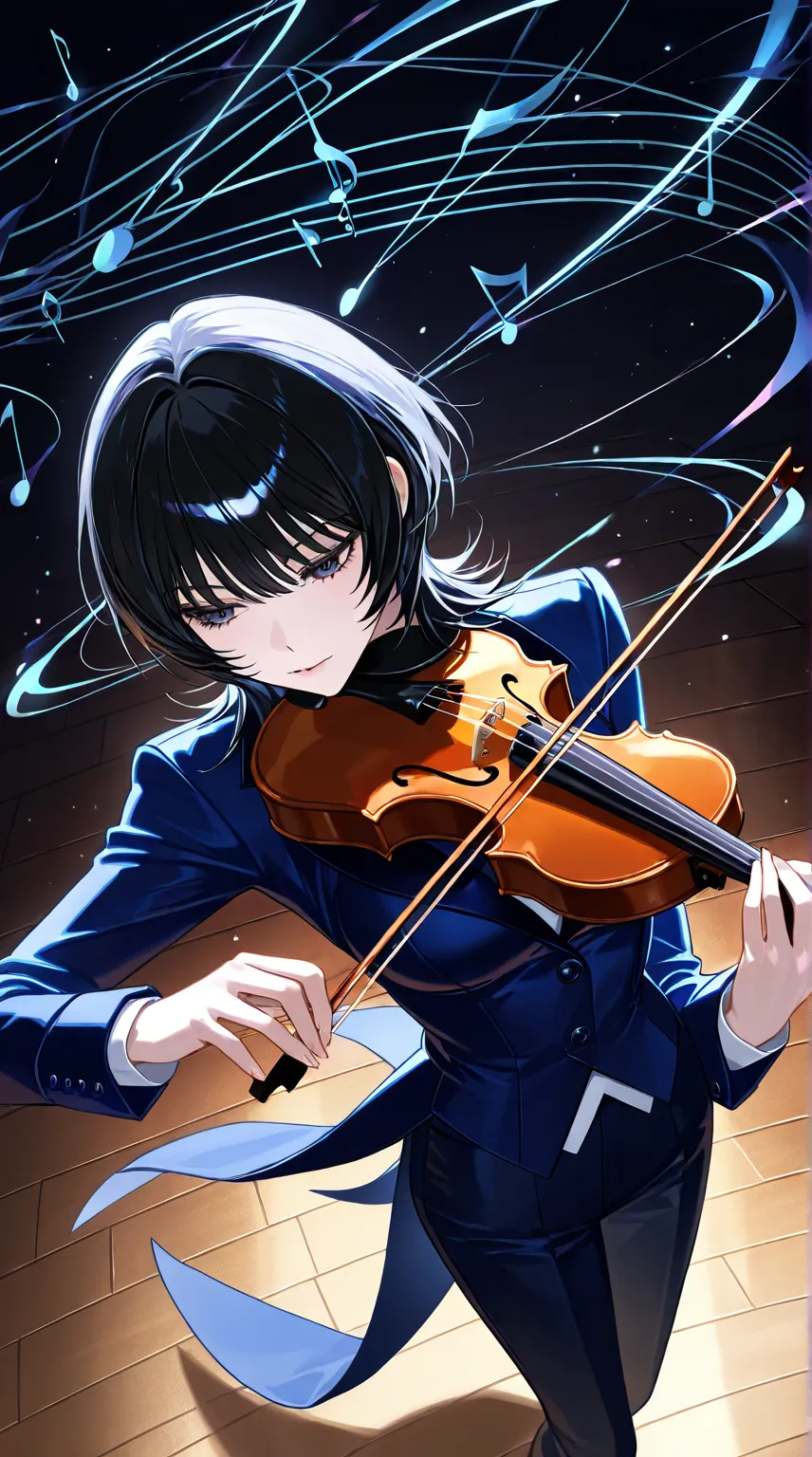 cool beauty, solo woman, black hair, wolf cut, slender body, middle breasts, blue formal fashion, tailcoat,, playing the violin, body backward, dynamic music’s rhythm ,about high angle,