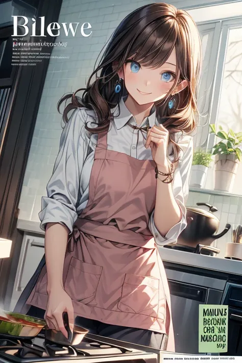 (from below:1.4),((1girl, silverblown hair, long hair, qutel blue eyes, beautiful eyes, pretty smile:1.5, ), coloring watercolor digital pencil ,Cherry blossoms falling,an animated painting of a woman in an apron standing at a coffee maker, 1girl, brown ha...