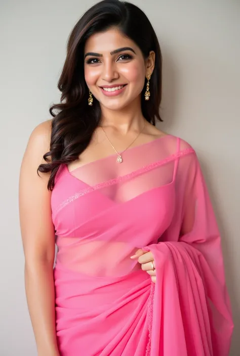 Samantha Ruth Prabhu, full body, dont be naked, huggy push-up big breasts, hugge boobs, 1girl, Solo, Large breasts, full body,clevage,front view,pink saree standing position,curvy body,body facing to camera and face smile