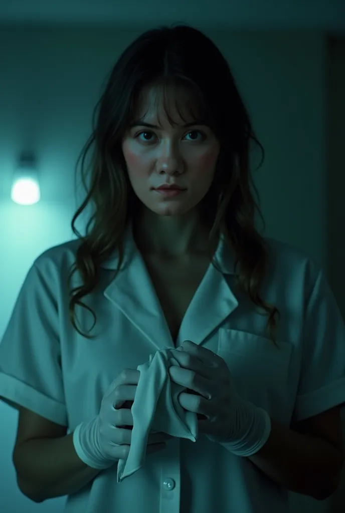 a woman wearing tight white surgical gloves holding a choloroform and handkerchief , women and me, dark and serious atmosphere, highly detailed, photorealistic, dramatic lighting, cold color palette, cinematic composition, masterpiece