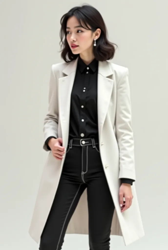 Girl in Black short jeans, black blouse and white formal coat