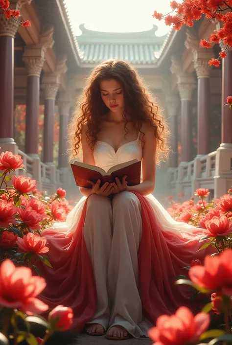 A fantastic girl. Dominates the light. Messenger of the Sky. She has lush, brown curly hair that extends to her legs. She reads a book in a flowery camellia in a palace courtyard with her face invisible. She has a white dress that ends at the knees. The fa...