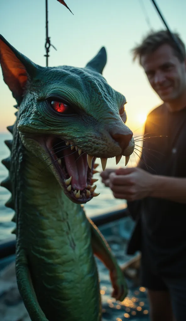 fisherman during the day capturing a creature from another planet, like a scaly cat, cat head, fins, with fangs much larger than normal, reddish eyes, greenish and slimy body, deep scene of suspense and terror