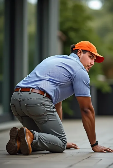 Fotografía realista, 35-year-old muscular (((atletic man))) , crawling on the floor, View from below, nalgon de perfil, stripe blue formal shirt and very tight light gray jeans, brown belt, de perfil, Big butt, viendo a cámara, ojos negros, en el patio, ho...