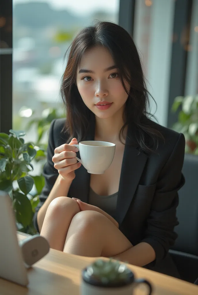 Canon EOS 5D Mark IV with EF 50mm f/1.2L lens at f/2: [charming Japanese woman, 28 years old, with black straight hair and brown eyes, wearing a strict office outfit and high heels, drinking coffee in a modern office], [soft, natural light pouring through ...