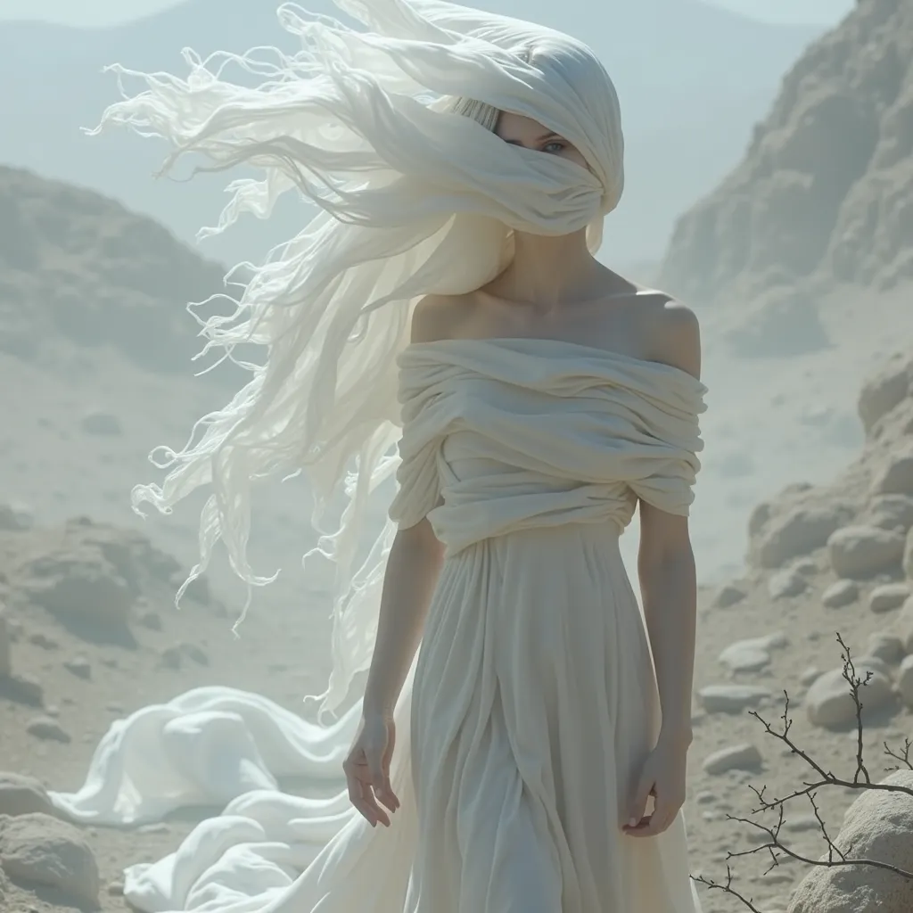 This is a photorealistic and highly detailed work of digital art that represents a slender woman's body completely wrapped in a thin white fabric with many wrinkles, walking through a desert with stones and dry vegetation, dry branches and brambles. The fa...