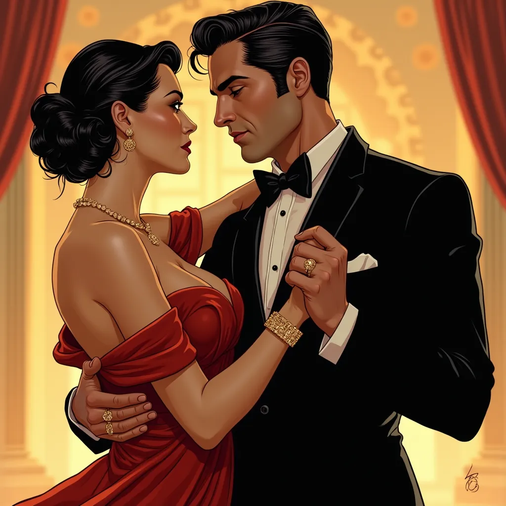 Instructions: Create an image suitable for a collectable card game of two spies, one a man and the other a woman, dancing a tango.  He is dressed in a tuxedo that accentuates his narrow waist and broad chest and shoulders.  She is dressed in an evening gow...