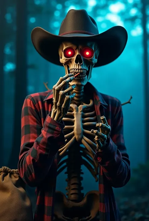 "A hyper-realistic and cinematic digital painting of a terrifying skeletal man with glowing red eyes, wearing a worn-out, wide-brimmed cowboy hat and a tattered checkered flannel shirt. His skin is stretched tightly over his bones, revealing an emaciated r...