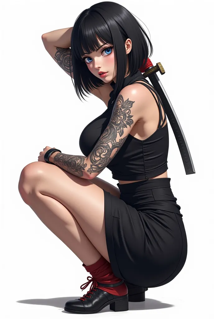 This is a highly detailed digital illustration in a realistic anime style. The central figure is a young woman with pale skin and striking blue eyes, which contrast sharply with her dark hair styled in a sleek, straight bob with bangs. She has a slender ye...