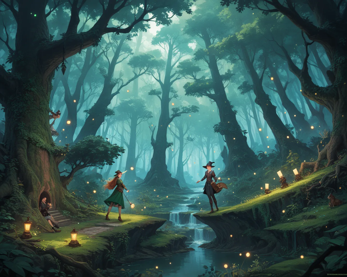 Preciso de um background, that contains crows and wizards, Archers, witches in a mystical forest setting shrouded in mist, with the trees with giant roots twisted amidst vibrant emerald green moss and some scattered iridescent fairy lights, evoking a super...