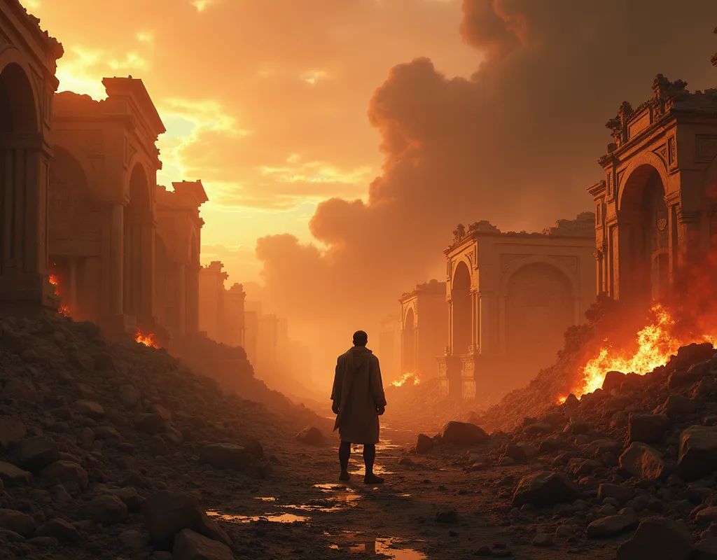 "Ancient city of Mesopotamia in ruins, with collapsed buildings and fire consuming what's left. in the center, a man standing with his clothes torn, watching his destroyed home. Smoke and ash float in the air."