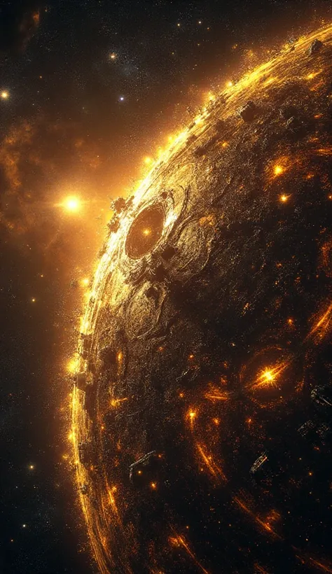 "A colossal Dyson Sphere engulfs the star, an awe-inspiring megastructure designed to harness its full energy output. The massive shell is composed of interconnected metallic panels, each embedded with glowing energy conduits that pulse with radiant power....