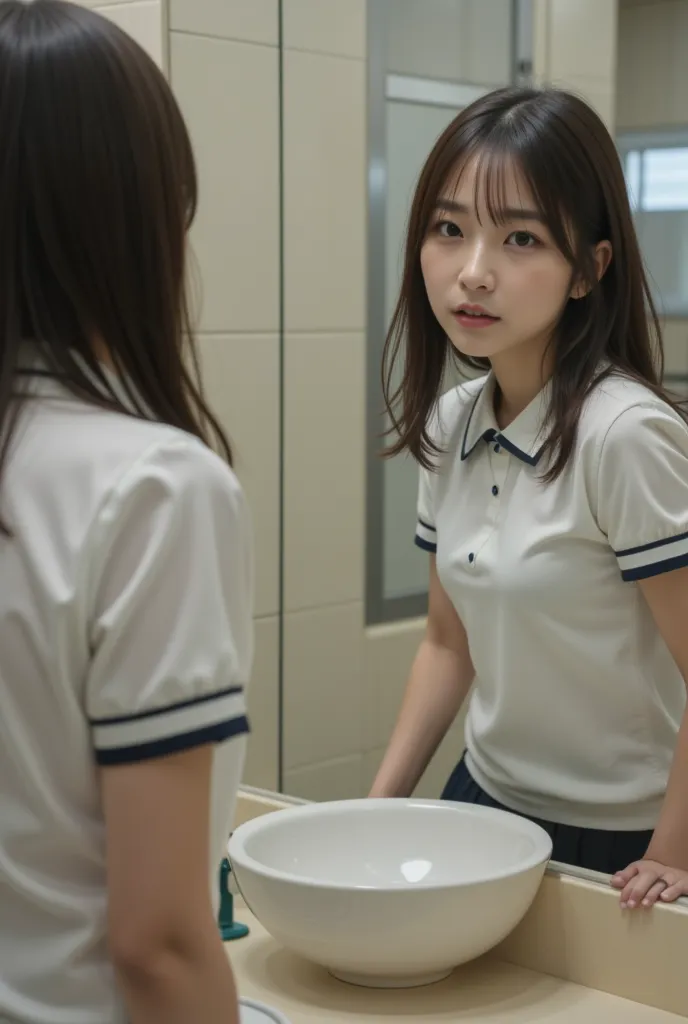 8k, best quality, masterpiece, Ultra High Resolution, photorealistic, RAW photo of a Japanese high school girl rubbing her chest in front of a mirror, She has a surprised face with her mouth wide open