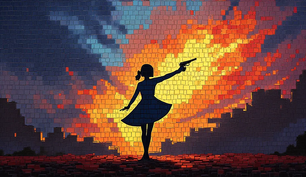 The mosaic panel consists of rectangular horizontal sticks of different colors depicting the silhouette of a girl holding a pistol over her head with both hands and shooting into space