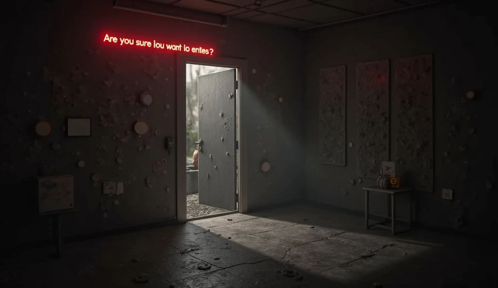 The link to "The Forbidden Door": A link that stands out on the screen, with a red warning that says: “Are you sure you want to enter?”. The camera rotates to the window, showing shadows moving outside the field of view.Spanish lyrics
