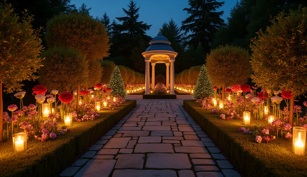 A large garden decorated with flowers, candles and many lights in the garden and the garden at night. The design of the garden is modern for a big night. It is printed and its handles are square like this 