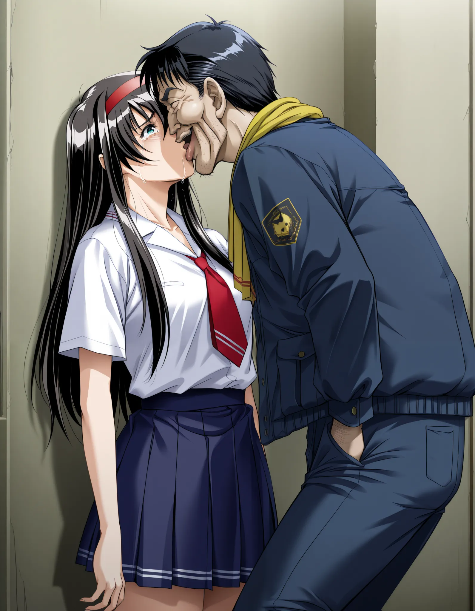 Demon work,Himeno Yuri,Hymen, hair band, white shirt, short sleeve, blue skirt, pleated skirt, 1 girl, Alone,red tie,  crying out of frustration ((deep kiss with laughing Kenji Sata)), ((Deep Kiss with Old Man)) , masterpiece, best quality,((standing)) ((r...