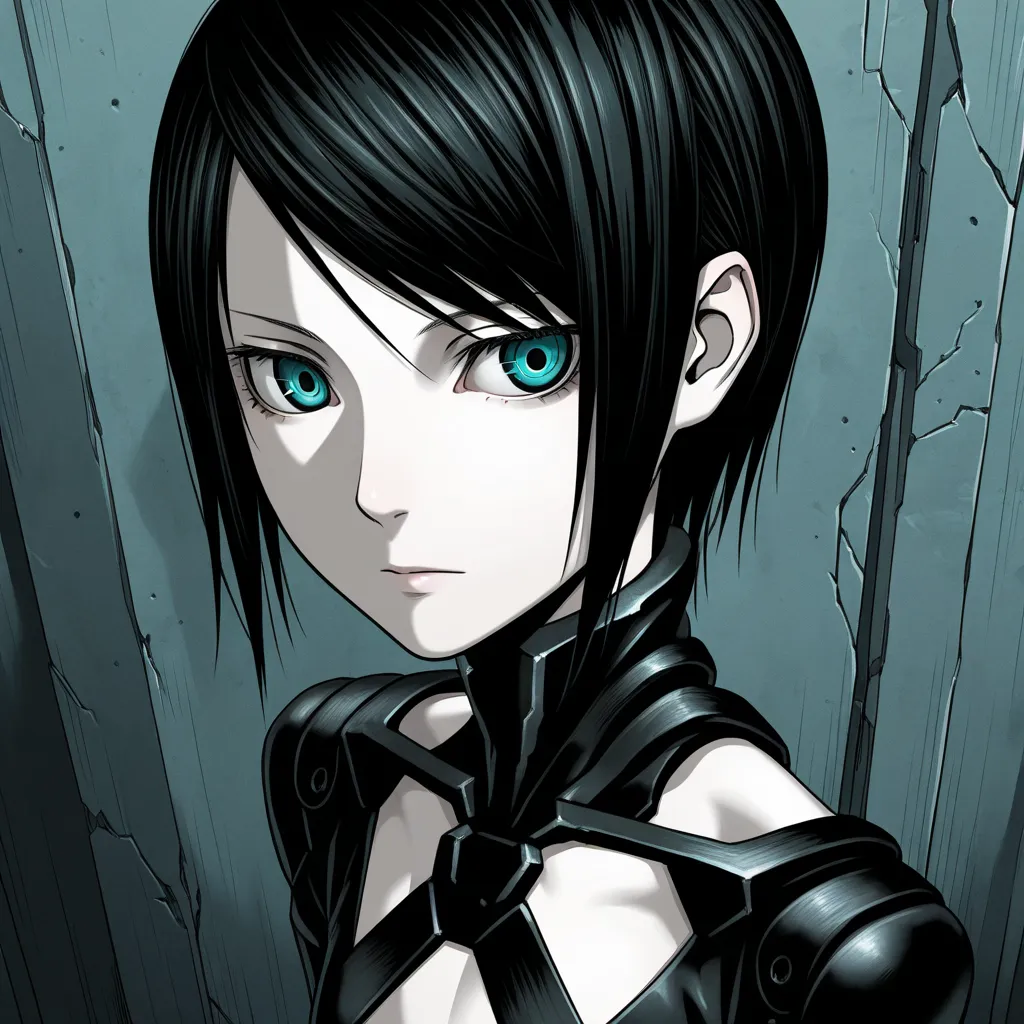 1girl,slim,slender,flat chest,black short hair,swept bangs,blame