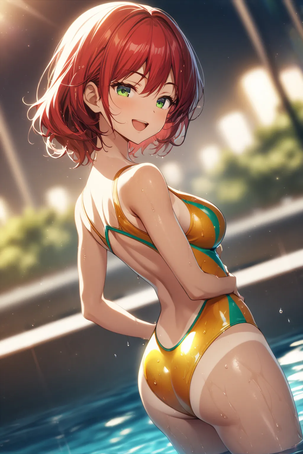 1 girl, Game CG, 
shallow depth of field, a portrait with a soft Gaussian blurred background, creating a dreamy atmosphere, focus on face, dutch angle, full-body shot, cool and refined vibe, emphasizing the beauty of her back and hips,

soaking wet by the ...