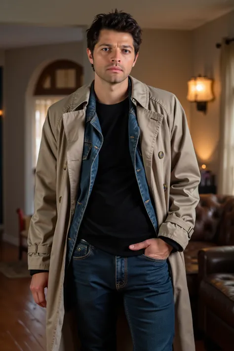 An extremely handsome man with masculine and at the same time fine features , has a sensual look,  striking blue eyes and slightly messy windswept jet black hair , He looks strong and wears an  Biege Trenchcoat over a Denim Jacket and Black Jumper with Dar...