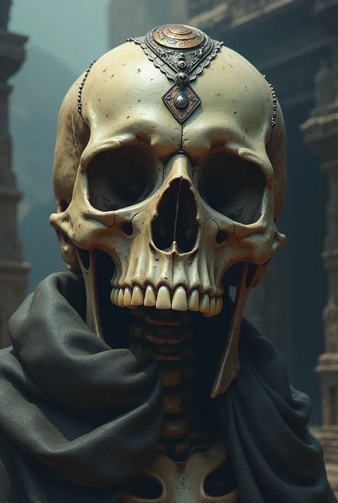 Totenkopf, Day of the Dead style, realistic human skeleton, detailed skull head,  solemn expression ,  ornate headdress ,  - Upright posture, penetrating look, macabre, warm color palette, dramatic lighting, ancient temple background, contrasts of shadows ...