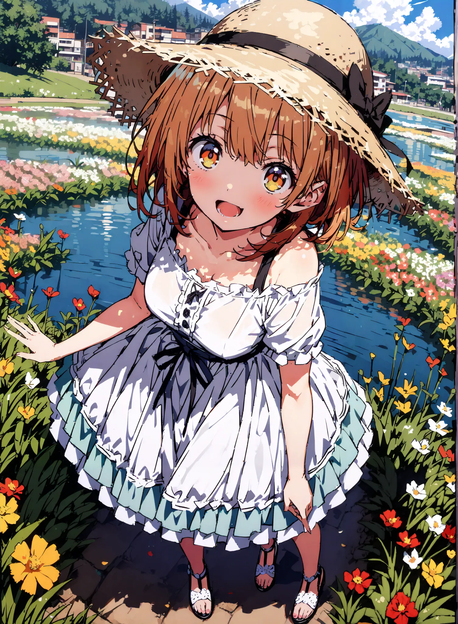 score_9, score_8_up, score_7_up,  source_anime,
Irohaisshiki, Isshiki Iroha , short hair, brown hair, brown eyes,smile,blush,open your mouth,straw hat with right hand, White Off Shoulder Dress,Short sleeve, white long skirt, cute heeled sandals , beautiful...