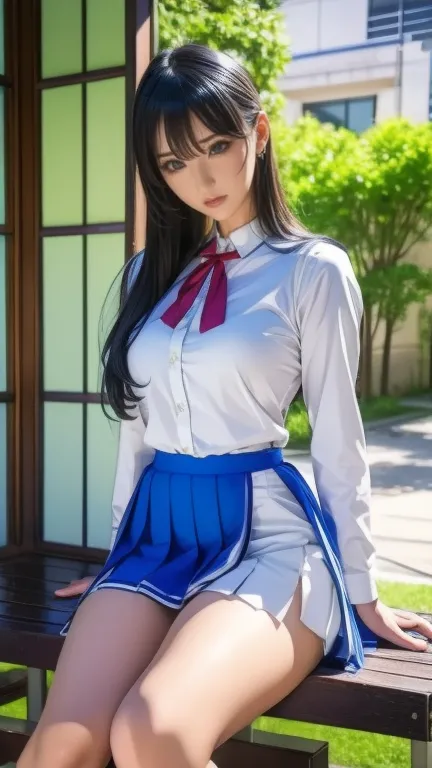  a blue Asian woman in a white uniform posing on a bench,    Japanese high school girl uniform  ,  Japanese Language School Uniforms,  Japanese Language School Uniformsを着ている,  the principal is wearing a uniform  , 超  REAL SCHOOLGIRLS  , a hyper  REAL SCHOO...