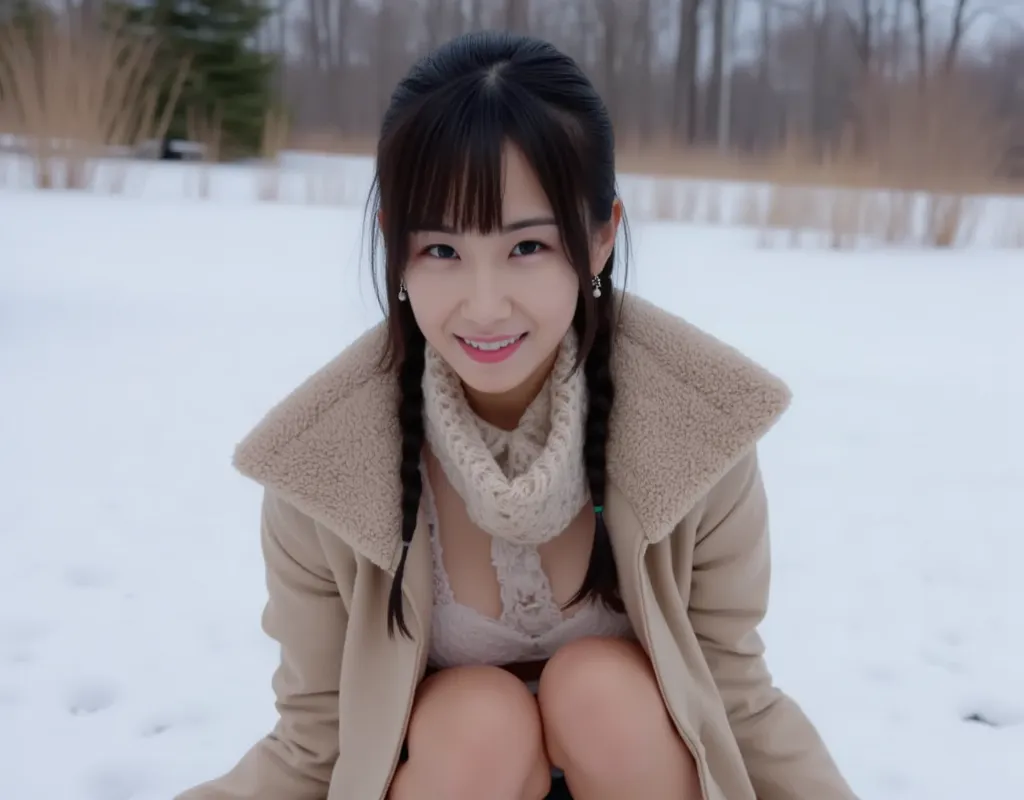  1 Japanese girls, cute, small face, squatting, spread legs, open coat by self, showing nipples, (shyly smile:1.2), (winter coat, knit scarf, lace panty, stockings), (various hair style, bangs), (medium breast, medium body:0.8), neutral colored small areol...