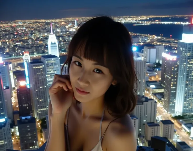 Wide angle,A breathtaking night scene in a bustling metropolis. A woman poses for a portrait on the rooftop of a skyscraper, illuminated by the glow of city lights and neon signs. The background features shimmering cityscapes with intricate details of buil...