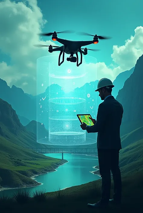 Visual style:

    Color Palette: Technological tones (electric blue,  Emerald Green ) combined with sustainable earth and sky.

    Approach: Professional and futuristic, but accessible.

Key elements:

    Drone in action (Modern model, type DJI Phantom ...