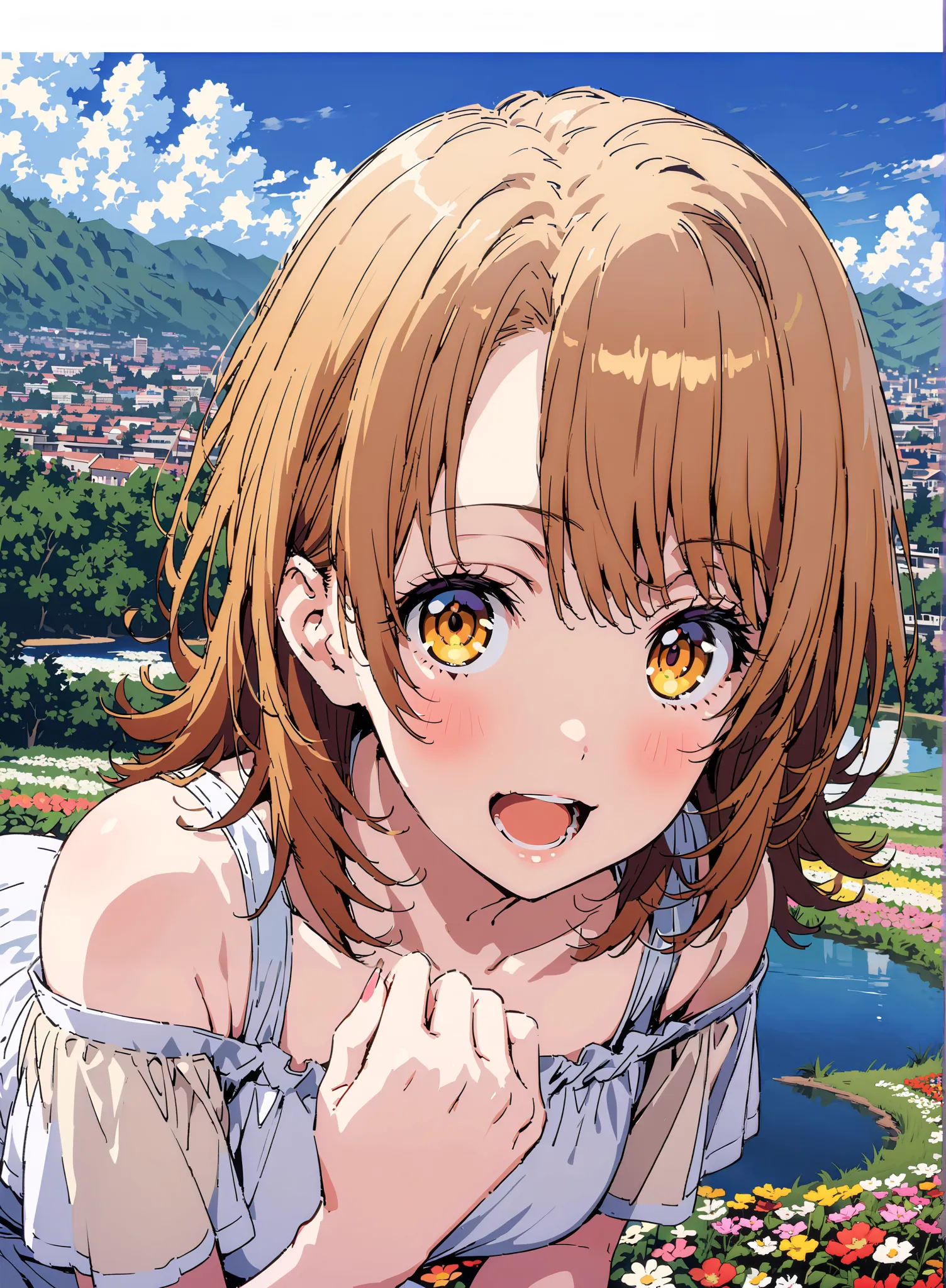 Irohaisshiki, Isshiki Iroha , short hair, brown hair, brown eyes, bare shoulders,Bare clavicle,Bare neck,smile,blush,open your mouth,straw hat with right hand, White Off Shoulder Dress,Short sleeve, white long skirt, cute heeled sandals , beautiful scenery...