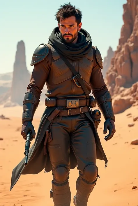 A dark-haired smuggler man with blue eyes sielo aesthetic body in a desert
