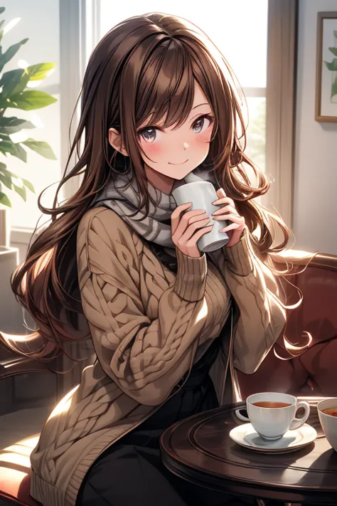 Illustration of a young woman drinking tea and talking to a rabbit, one girl, cup, table, rabbit, fruit, food, steam, smiling, blushing, scarf, holding, alone, looking at viewer, sitting, brown hair, long hair, indoors, sweater, brown eyes, , cat,,, lens f...