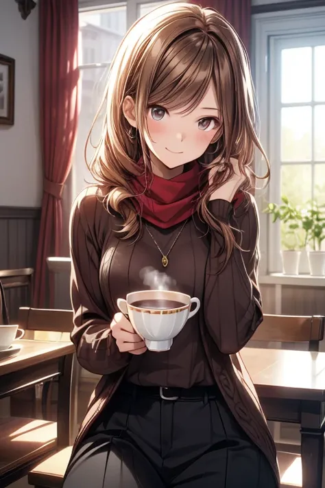 Illustration of a young woman drinking tea and talking to a rabbit, one girl, cup, table, rabbit, fruit, food, steam, smiling, blushing, scarf, holding, alone, looking at viewer, sitting, brown hair, long hair, indoors, sweater, brown eyes, , cat,,, lens f...