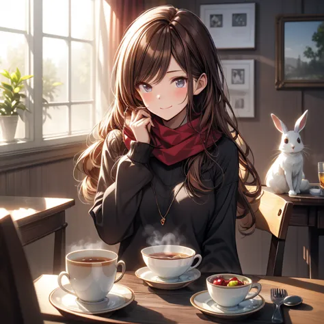 Illustration of a young woman drinking tea and talking to a rabbit, one girl, cup, table, rabbit, fruit, food, steam, smiling, blushing, scarf, holding, alone, looking at viewer, sitting, brown hair, long hair, indoors, sweater, brown eyes, , cat,,, lens f...