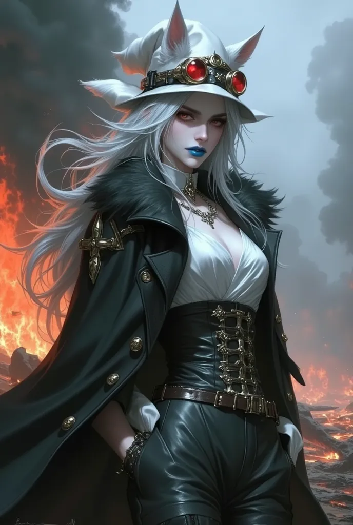 woman, fair skin, blue lips, long white hair, white wolf ears, red eyes, wearing a white witch hat with steampunk glasses, white military uniform with a coat with black and white fur, full body, military uniform, on a burning battlefield, imposing face, sa...