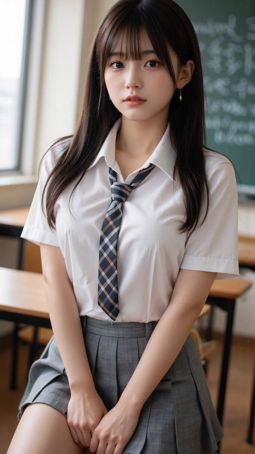 Masterpiece, Anatomically Correct, Accurate, High Details, 16k, thigh above body,  young 1girl, Black Hair, Large breasts, 35mm, F/2.8, Realism, (((pleated mini skirt with a serafuku random design, mini necktie), Random class room background, Random pose, ...