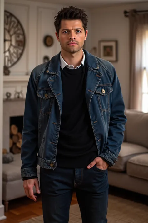 An extremely handsome man with masculine and at the same time fine features , has a sensual look,  striking blue eyes and slightly messy windswept jet black hair , He looks strong and wears an Denim Jacket and Black Jumper with Dark blue Jeans and is stand...