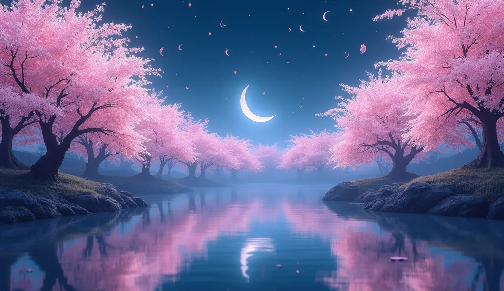 Cherry trees under the crescent moon in the night view。To the fluttering cherry blossoms、Cherry trees and moon reflected in the lake