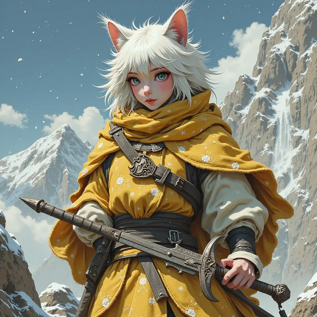 an anthropomorphic cute cat warrior, wearing flowing black robes and holding an elven sword, in a snowy mountain landscape, detailed digital art, fantasy illustration, intricate details, epic composition, Wonderai 1980, Wonder Al Al 360MKT DESIGN style, hi...